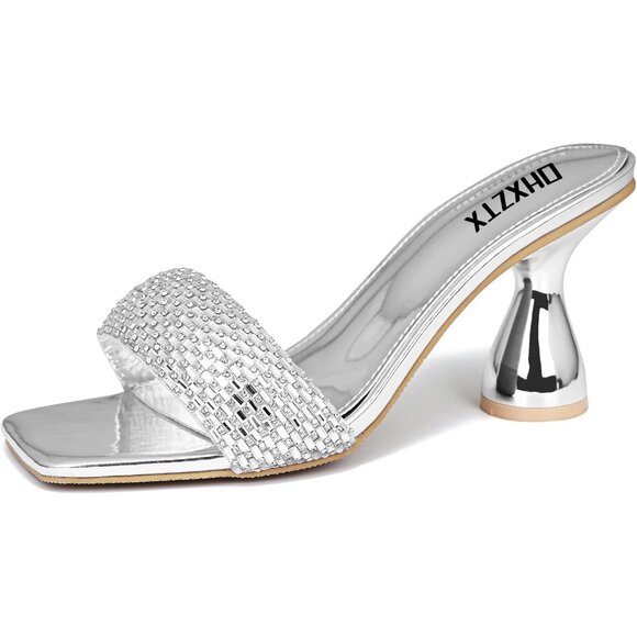 Women's Silver Rhinestone Chunky Heel Open Toe Slip On Slides Kitten Heels - Picture 1 of 7